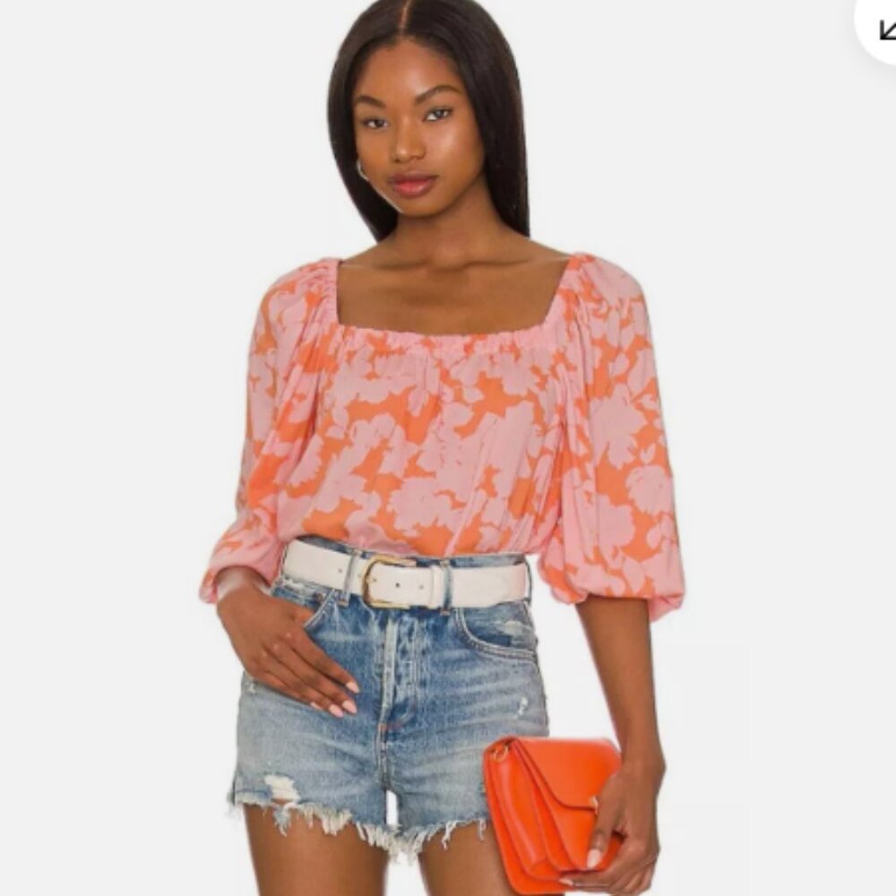 NWT Sanctuary  Pink Floral Top Square Neck Bohemian Puff‎ Sleeves Size 2X